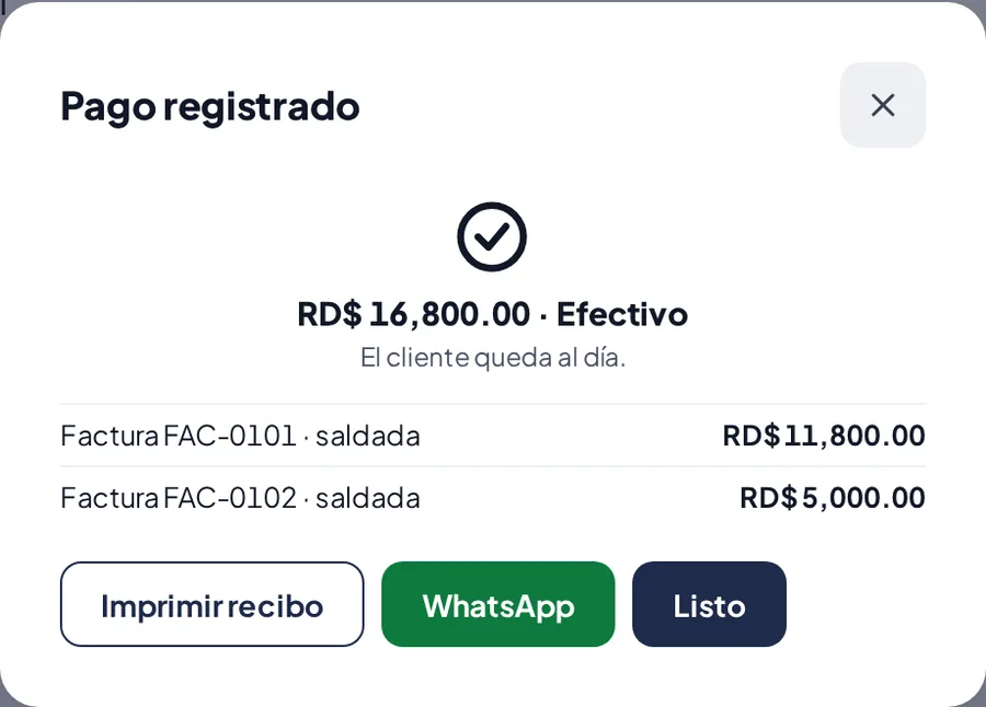 El pago registrado con su recibo.