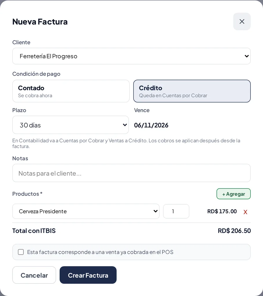 Nueva Factura a crédito con plazo de 30 días.