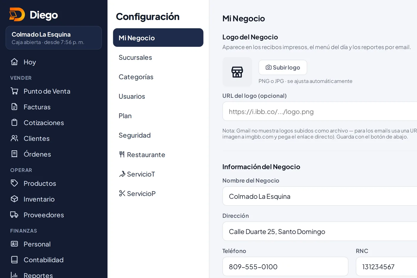 Configuración → Mi Negocio.