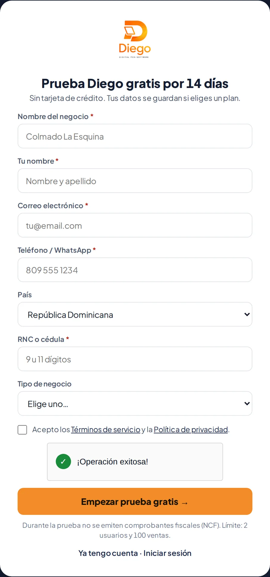 El formulario de la prueba gratis.