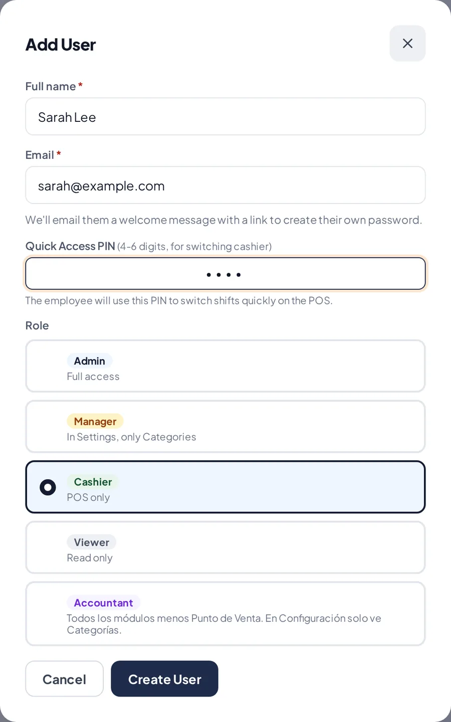 Add User: name, email, PIN and role.