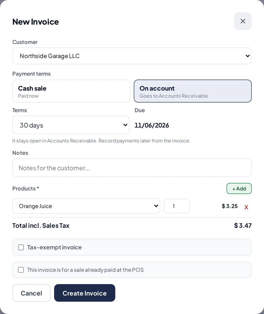 A new on-account invoice with 30-day terms.