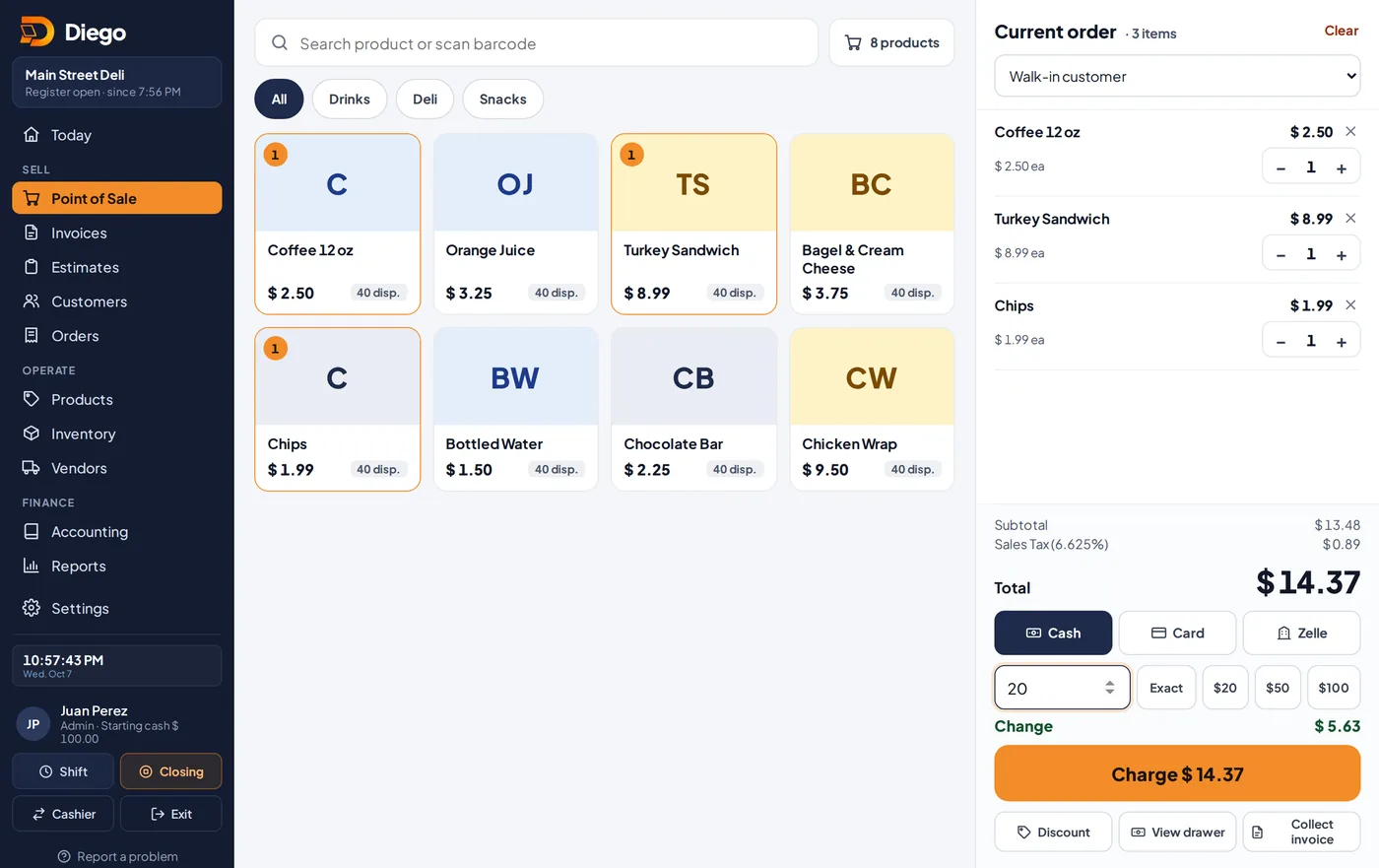 The Point of Sale with an order ready to charge.