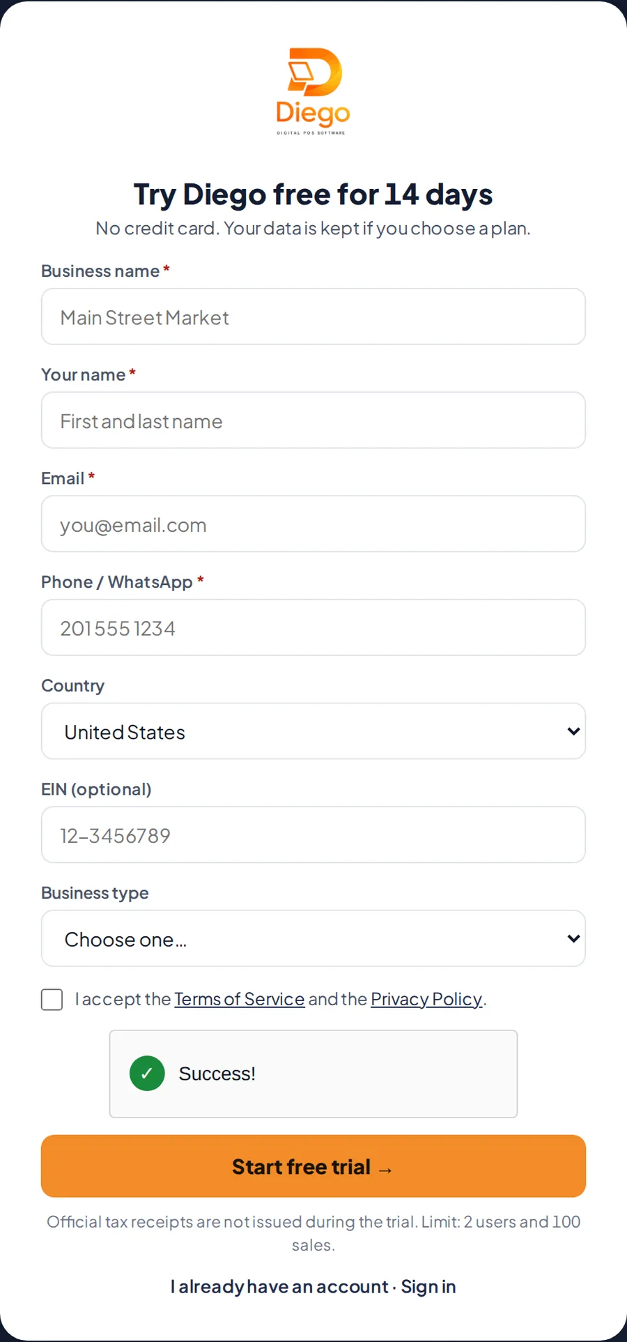 The free trial sign-up form.